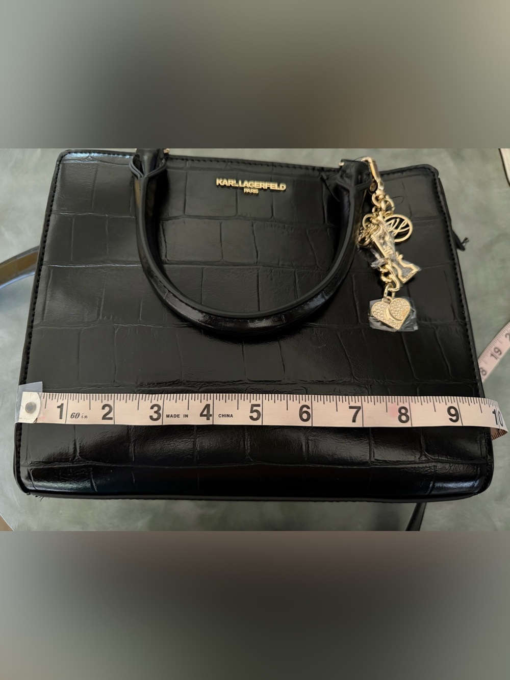 Karl Lagerfeld Black Croc-Embossed Satchel with Gold Charm - Picture 11 of 14